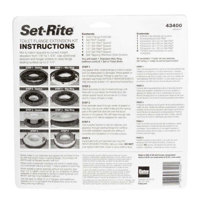 Oatey SET RITE Toilet FLANGE EXTENSION KIT