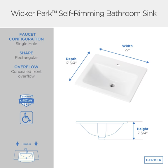 Wicker Park Rectangular Drop In Sink for Single Hole (Installed Price)