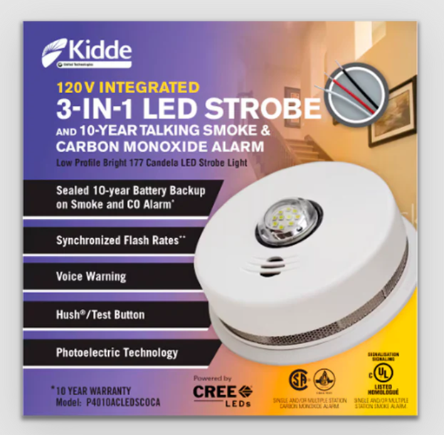 Kidde Hardwire 3-in-1 Smoke & CO Alarm with LED Strobe Light and 10-Year Battery Backup