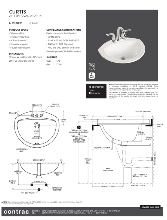 Curtis Drop-In Sink With 3 Holes for Faucet (Installed Price)